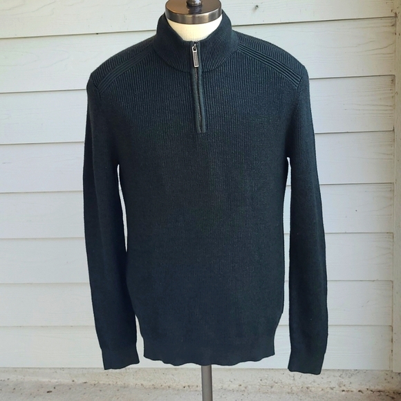 TED BAKER Dark Green Knit Weave Wool Blend XL / 5 Mens Half Zip Pullover Sweater - Picture 1 of 10